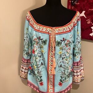 Umgee Sky Blue Boho Off-Shoulder Floral Blouse